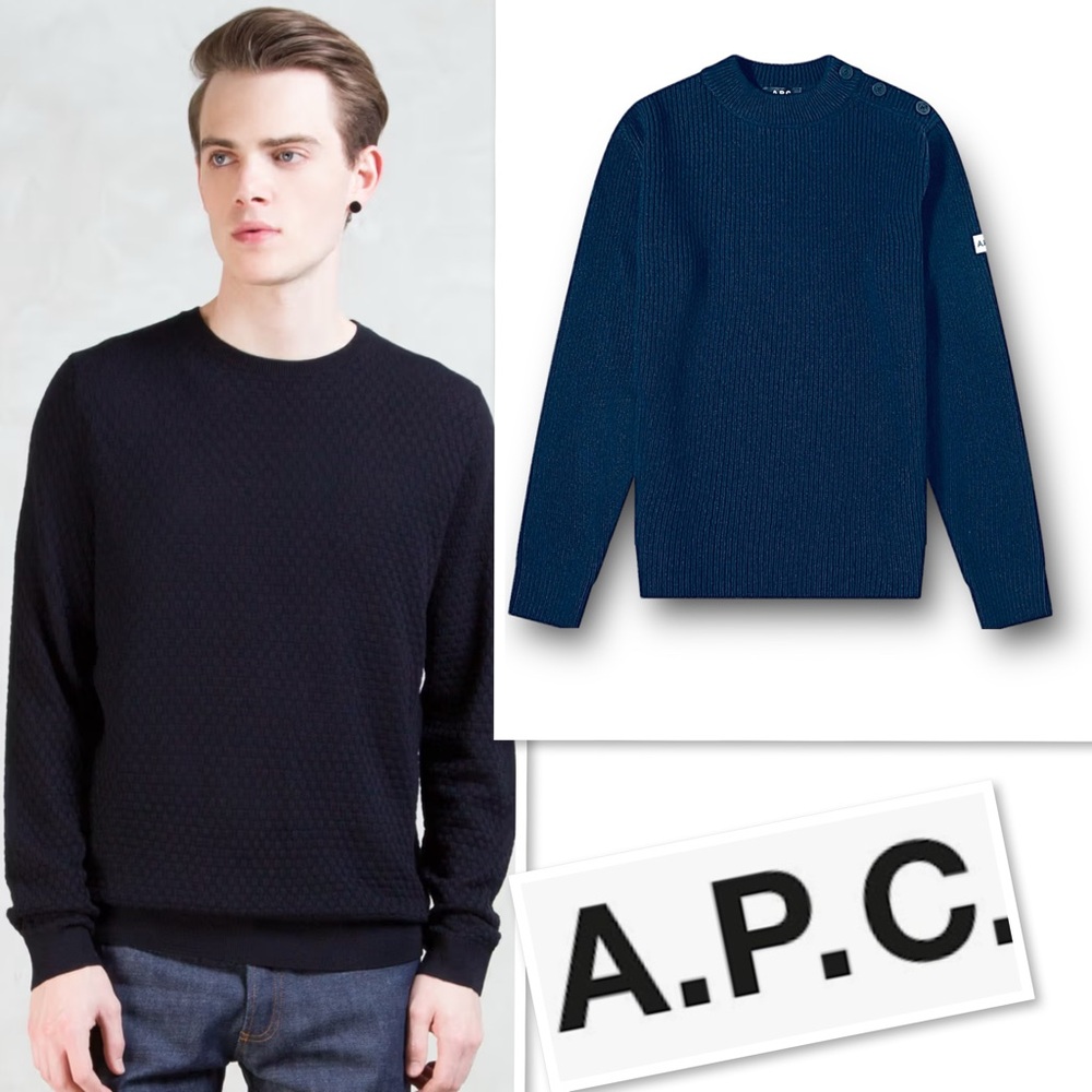 A.P.C. Pull Alan Sailor Ribbed Knit Sleeve Logo Pullover Sweater Dark Navy Sz L